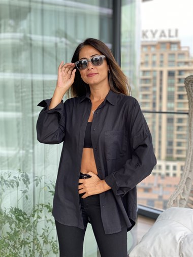 Siyah Arka Roba Örme Flam Keten Kadın Gömlek