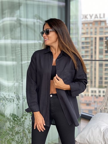 Siyah Arka Roba Örme Flam Keten Kadın Gömlek