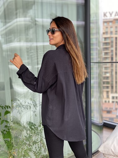 Siyah Arka Roba Örme Flam Keten Kadın Gömlek