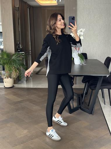 Siyah Arkası Çizgili Bisiklet Yaka Kadın Sweatshirt