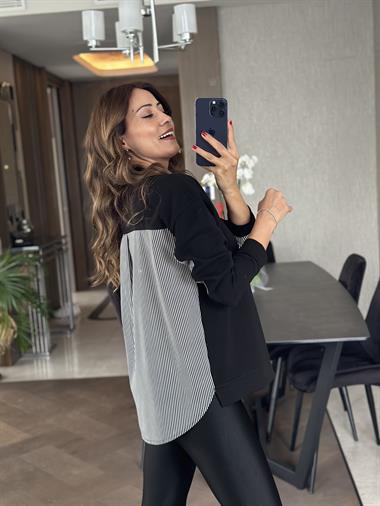 Siyah Arkası Çizgili Bisiklet Yaka Kadın Sweatshirt