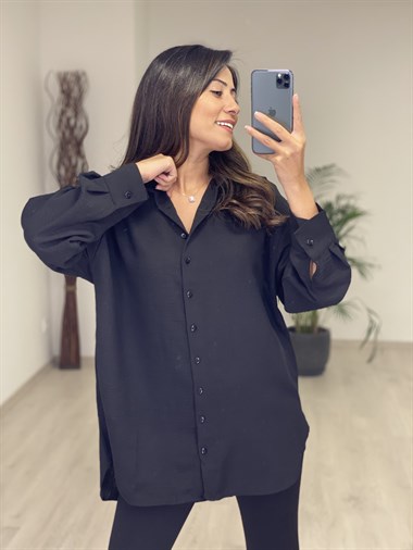 Siyah Arkası Düğme Detay Keten Aerobin Kadın Gömlek