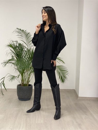 Siyah Arkası Düğme Detay Keten Aerobin Kadın Gömlek