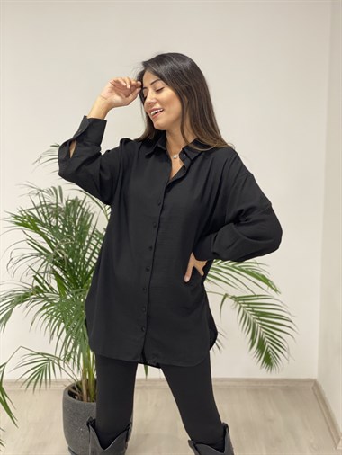 Siyah Arkası Düğme Detay Keten Aerobin Kadın Gömlek