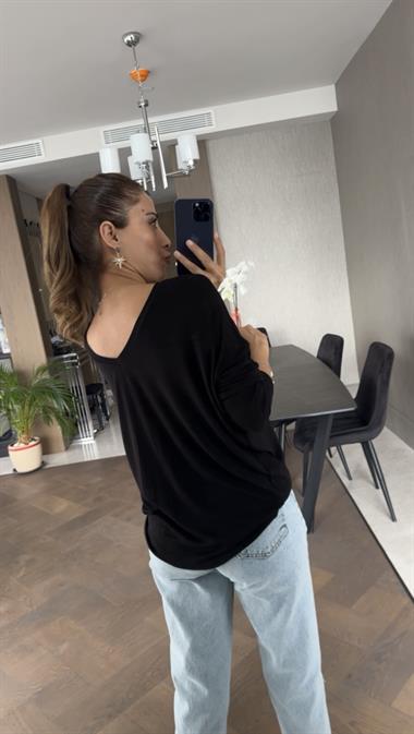 Siyah Arkası V Önü Bisiklet Yaka Uzun Kol Kadın Bluz