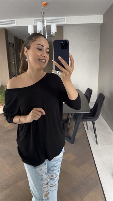 Siyah Arkası V Önü Bisiklet Yaka Uzun Kol Kadın Bluz