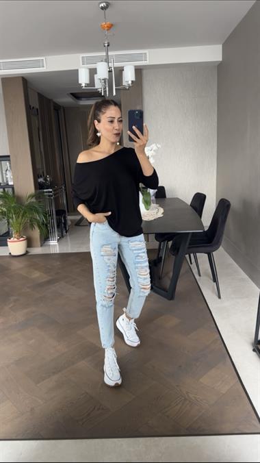 Siyah Arkası V Önü Bisiklet Yaka Uzun Kol Kadın Bluz