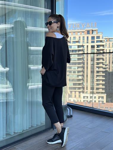 Siyah Armalı Dar Paça Bürümcük Üçlü Kadın Takım