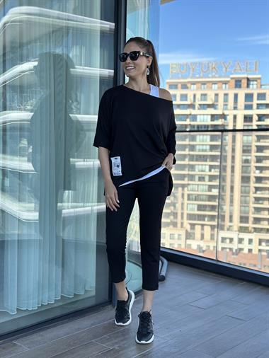 Siyah Armalı Dar Paça Bürümcük Üçlü Kadın Takım