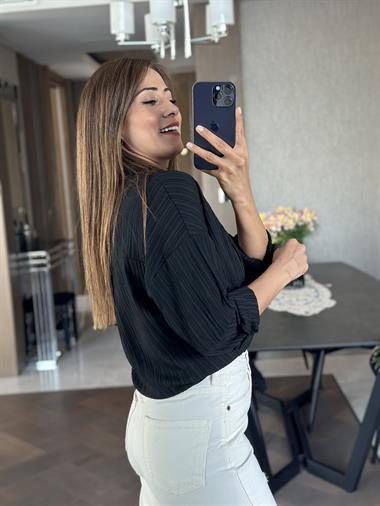 Siyah Asimetrik Tek Cepli Dokulu Kadın Gömlek