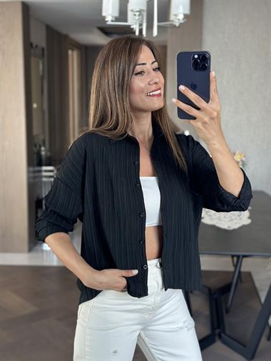 Siyah Asimetrik Tek Cepli Dokulu Kadın Gömlek