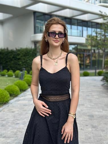 Siyah Askılı Beli Dekolteli Fisto Midi Boy Kadın Elbise