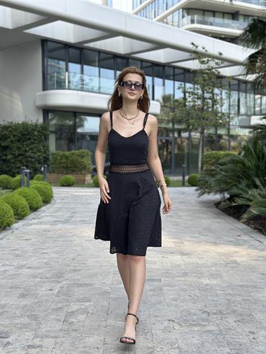 Siyah Askılı Beli Dekolteli Fisto Midi Boy Kadın Elbise