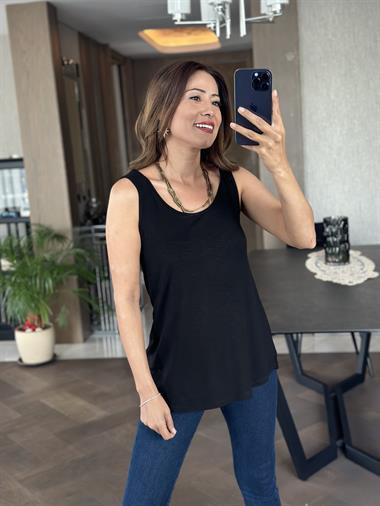 Siyah Askılı Eteği Oval Oversize Kadın Bluz