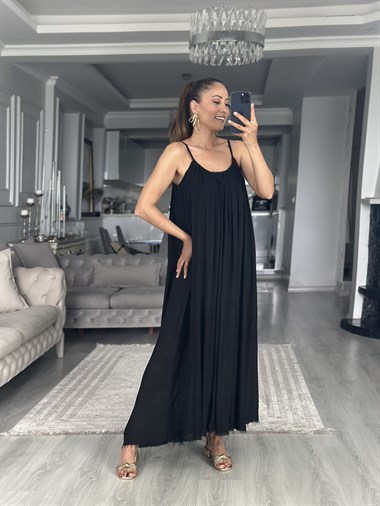 Siyah Askılı Eteği Saçaklı Salaş Midi Boy Kadın Elbise