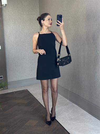 Siyah Askılı Yüzücü Yaka Arkası Fermuarlı Kadın Mini Elbise