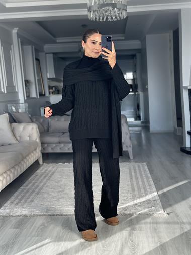 Siyah Atkılı Saç Örgü Kazak Pantolon Kadın Üçlü Triko Takım