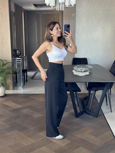 Siyah Atlas Kumaş Orjinal Marka Palazzo Kadın Pantolon