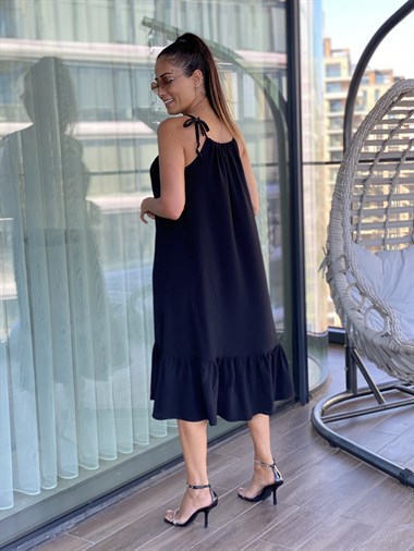 Siyah Ayarlanabilir Askılı Volanlı Kadın Elbise