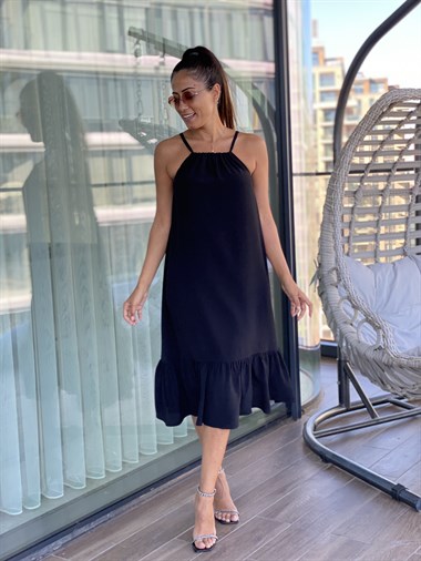 Siyah Ayarlanabilir Askılı Volanlı Kadın Elbise