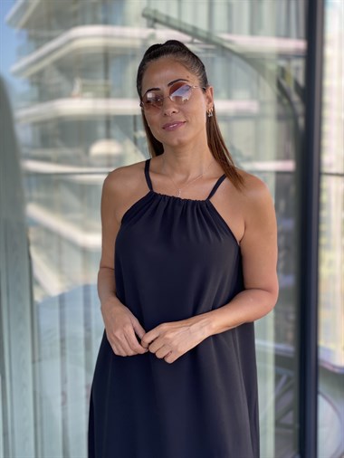 Siyah Ayarlanabilir Askılı Volanlı Kadın Elbise