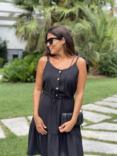 Siyah Ayarlanabilir İp Askılı Önü Düğmeli  Aerobin Kadın Elbise