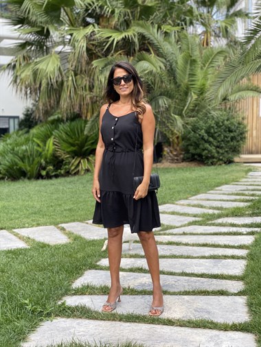 Siyah Ayarlanabilir İp Askılı Önü Düğmeli  Aerobin Kadın Elbise