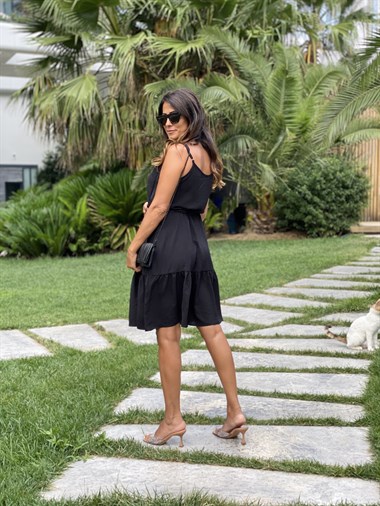 Siyah Ayarlanabilir İp Askılı Önü Düğmeli  Aerobin Kadın Elbise