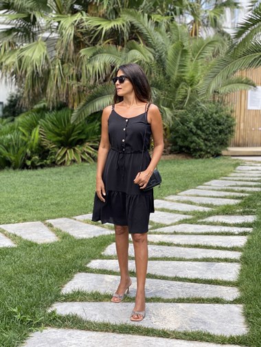 Siyah Ayarlanabilir İp Askılı Önü Düğmeli  Aerobin Kadın Elbise