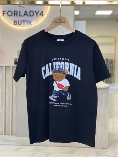 Siyah Ayıcık Nakışlı Bisiklet Yaka Kadın T-Shirt
