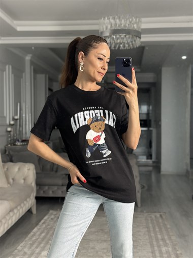 Siyah Ayıcık Nakışlı Bisiklet Yaka Kadın T-Shirt