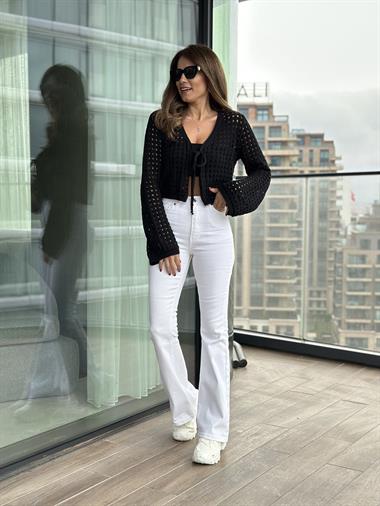 Siyah Bağcık Detay File Örgü Kadın Hırka