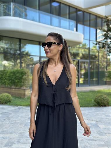 Siyah Bağcıklı Yelek Etek Kadın Alt Üst Takım