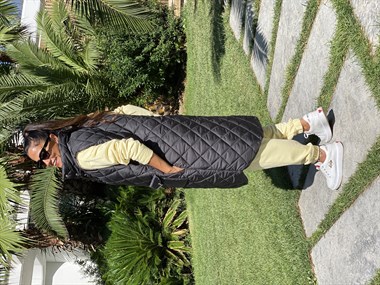 Siyah Baklava Desen Dört Cepli Kapitone Şişme Uzun Kadın Yelek