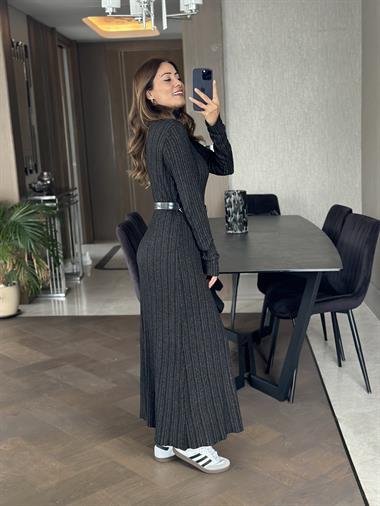 Siyah Balıkçı Yaka Çizgi Desen Maksi Boy Kadın Elbise
