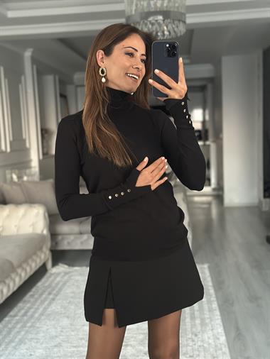 Siyah Balıkçı Yaka Kolu Droplu Kadın Triko Kazak