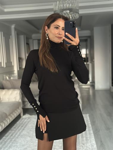 Siyah Balıkçı Yaka Kolu Droplu Kadın Triko Kazak