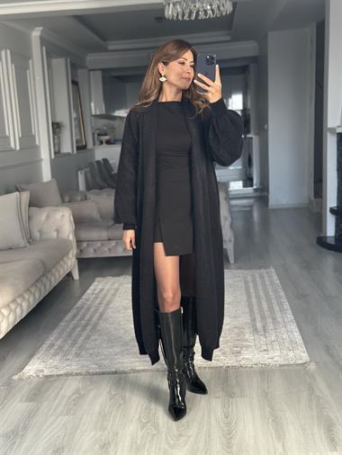 Siyah Balon Kol Sakallı Uzun Kadın Triko Hırka 