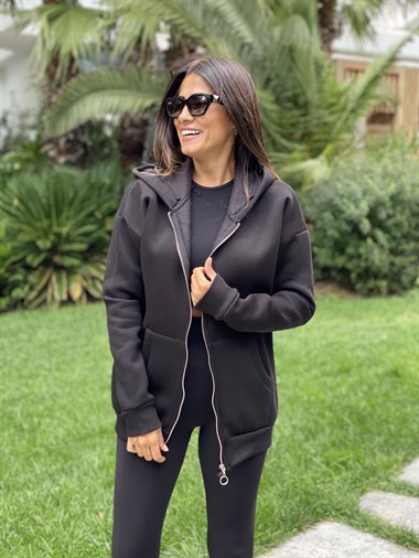 Siyah  Basic Kapüşonlu Fermuarlı Kadın Sweatshirt
