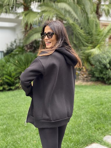 Siyah  Basic Kapüşonlu Fermuarlı Kadın Sweatshirt