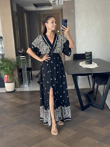 Siyah Bej Desenli Beli Lastikli Önü Yırtmaçlı Midi Boy Viskon Kadın Elbise 