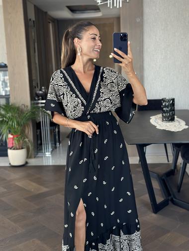 Siyah Bej Desenli Beli Lastikli Önü Yırtmaçlı Midi Boy Viskon Kadın Elbise 