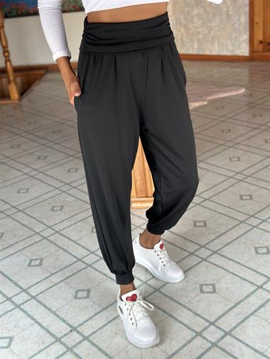 Siyah Bel Büzgülü Paçası Manşetli Sandy Cepli Kadın Şalvar Pantolon