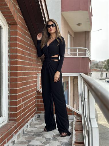 Siyah Bel Dekolteli Arkası Fermuarlı Sandy Kadın Tulum