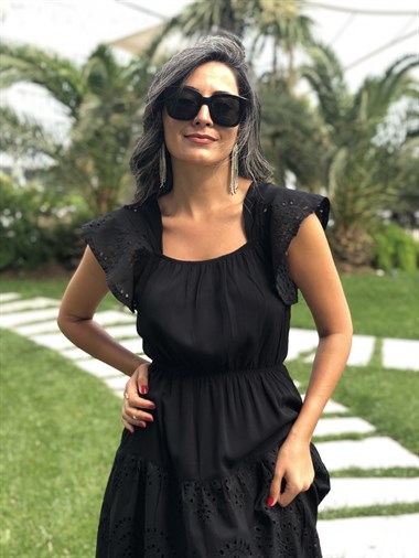 Siyah Bel Lastikli Etek Ucu Ve Kolları Fisto Kadın Elbise