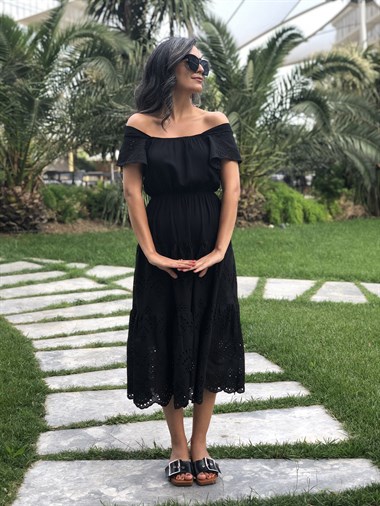 Siyah Bel Lastikli Etek Ucu Ve Kolları Fisto Kadın Elbise