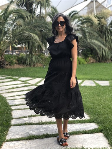 Siyah Bel Lastikli Etek Ucu Ve Kolları Fisto Kadın Elbise