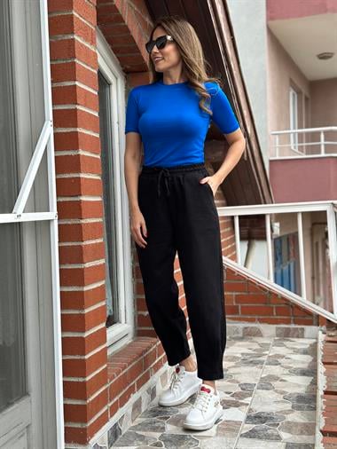 Siyah Bel Lastikli Paça Pensli Gabardin Kadın Pantolon