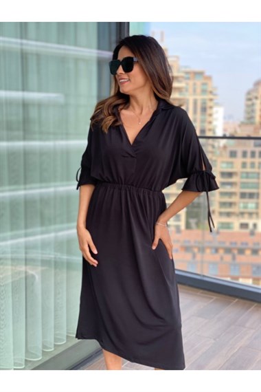 Siyah Bel Lastikli Yarasa Kol Buzzy Elbise