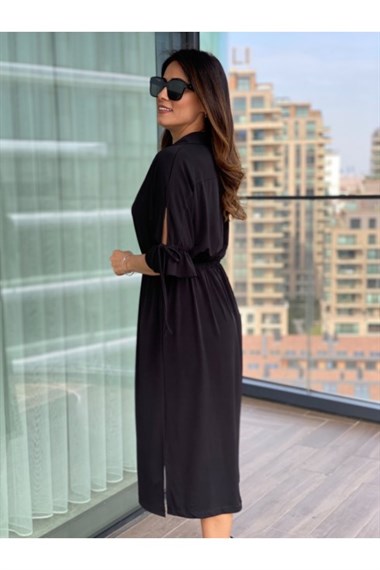 Siyah Bel Lastikli Yarasa Kol Buzzy Elbise